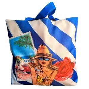 NWOT Lancôme Paris Beach Tote Bag~Canvas Blue/White Striped Vespa Girl Vaca Chic
